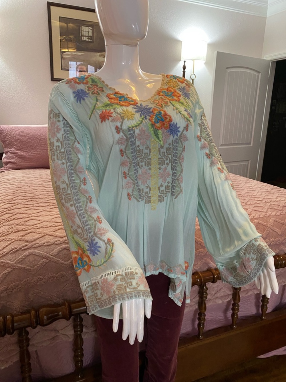 Johnny Was Mint Green Embroidered Boho Tunic
